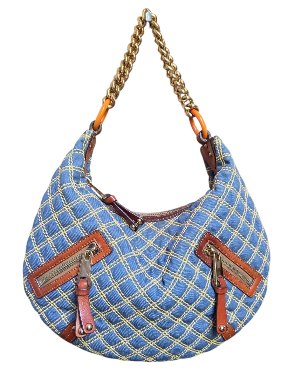 Marc Jacobs Quilted Denim Chain Strap Hobo Bag Large Y2K Leather Trim